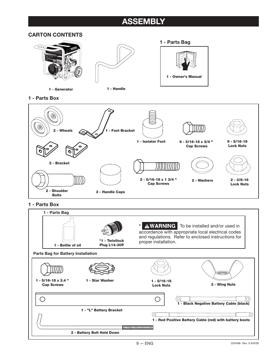 Assembly, Carton contents, 1 - parts bag 1 - parts box | 1 - parts box | Porter-Cable Companion D20498 User Manual | Page 9 / 44