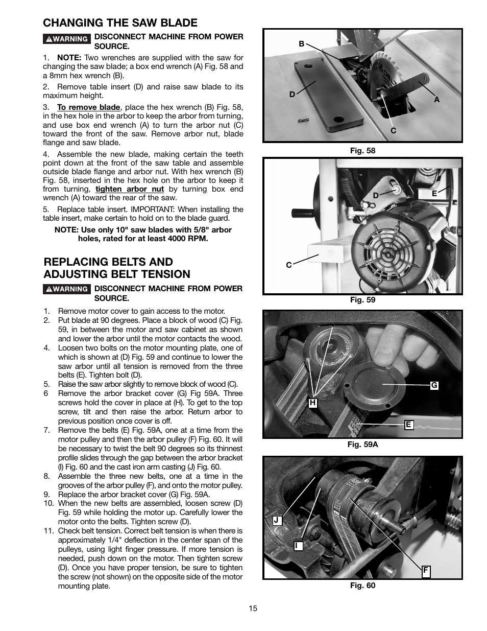 Changing the saw blade, Replacing belts and adjusting belt tension | Porter-Cable 36-729 User Manual | Page 15 / 28