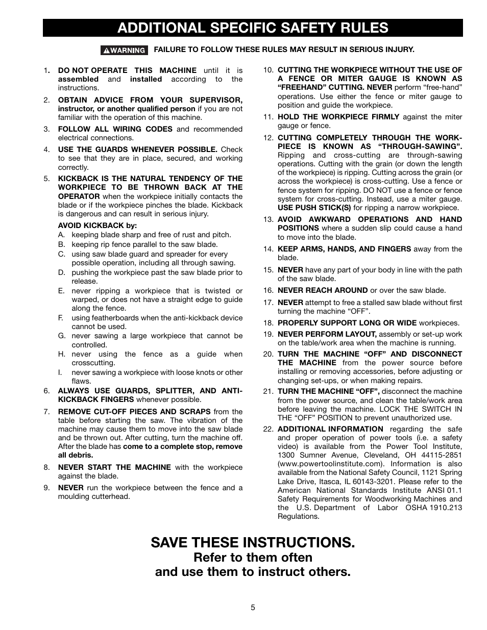 Additional specific safety rules, Save these instructions | Porter-Cable 36-729 User Manual | Page 5 / 28