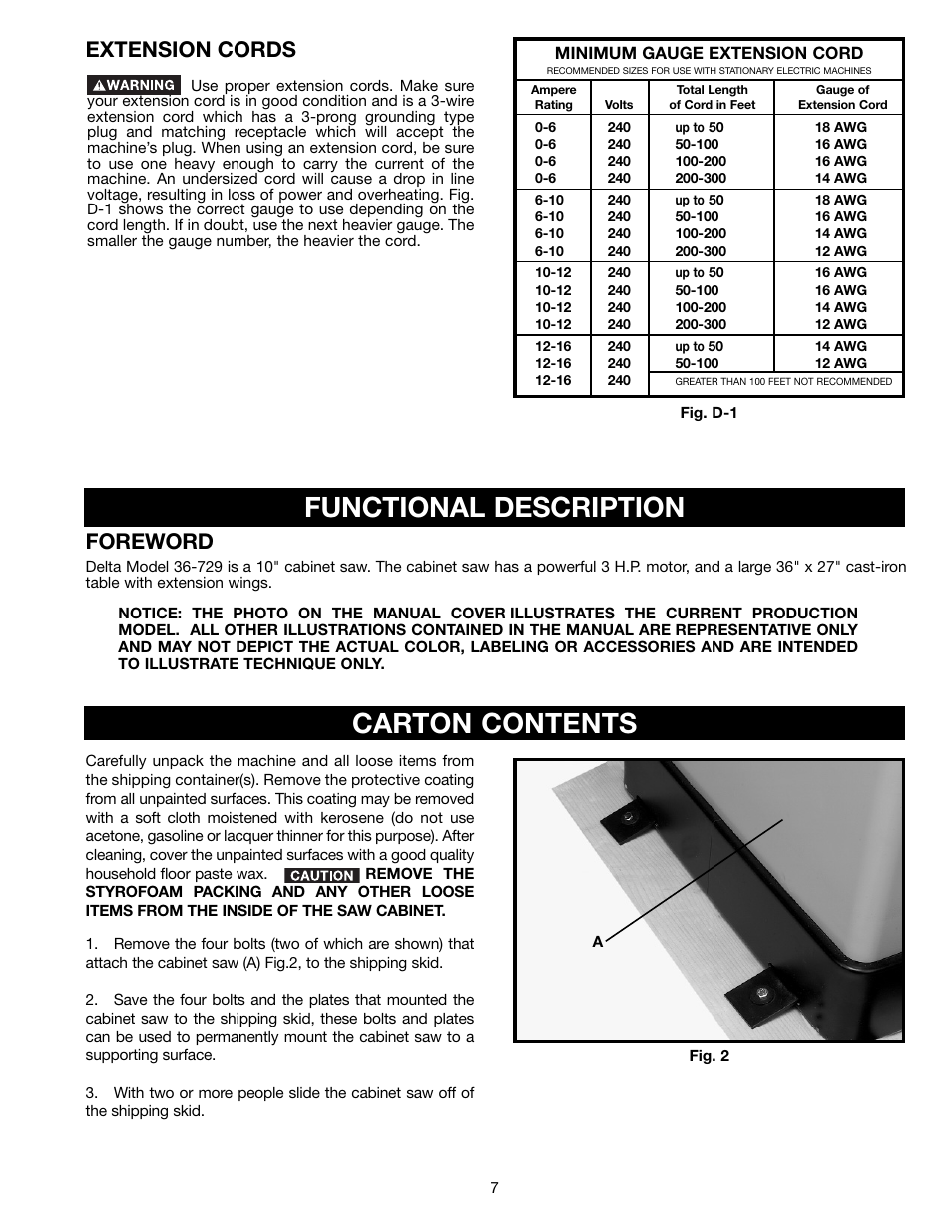 Functional description, Carton contents, Extension cords | Foreword | Porter-Cable 36-729 User Manual | Page 7 / 28