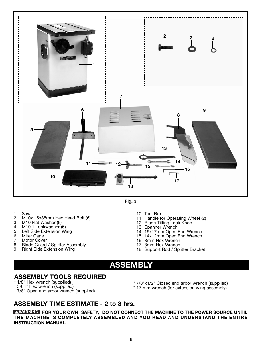 Assembly, Assembly tools required, Assembly time estimate - 2 to 3 hrs | Porter-Cable 36-729 User Manual | Page 8 / 28