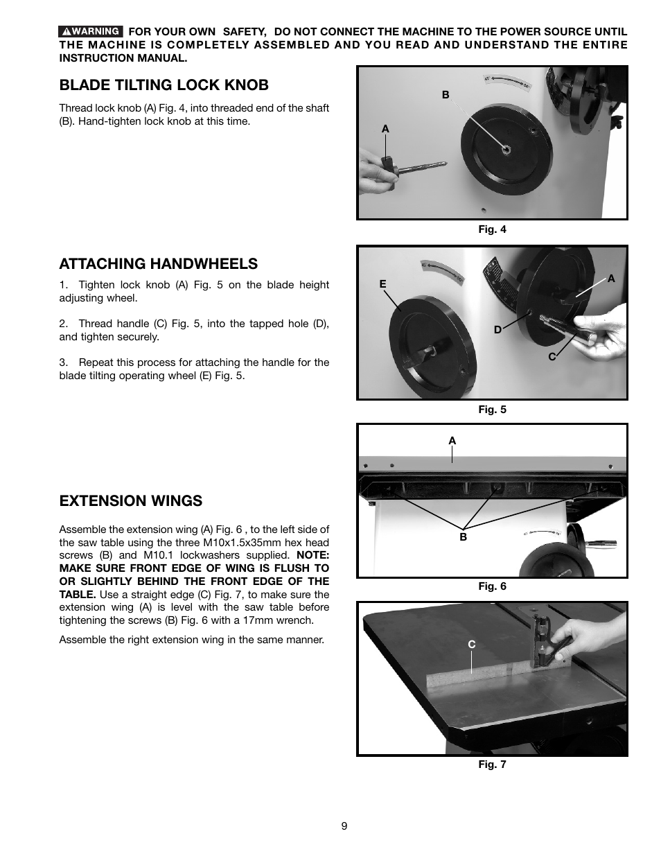 Blade tilting lock knob, Attaching handwheels, Extension wings | Porter-Cable 36-729 User Manual | Page 9 / 28
