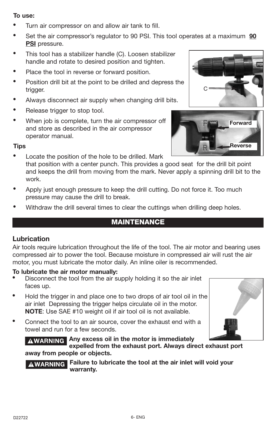 Maintenance, Lubrication, Turn air compressor on and allow air tank to fill | Place the tool in reverse or forward position, Release trigger to stop tool | Porter-Cable PTD501 User Manual | Page 6 / 8
