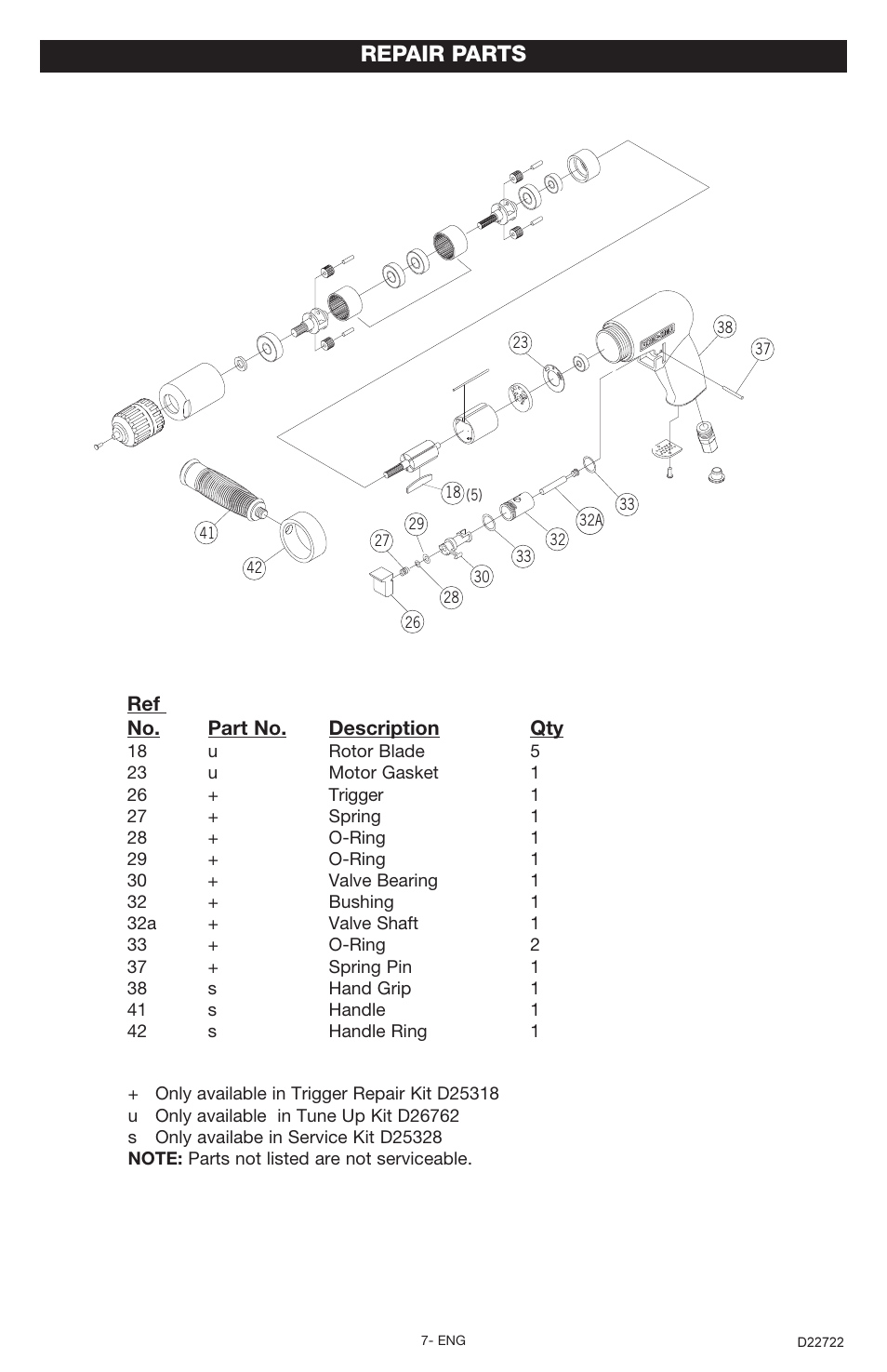 Repair parts | Porter-Cable PTD501 User Manual | Page 7 / 8