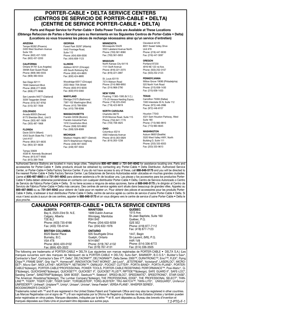 Canadian porter-cable • delta service centers, Ptg-f-1 | Porter-Cable 362 User Manual | Page 17 / 17