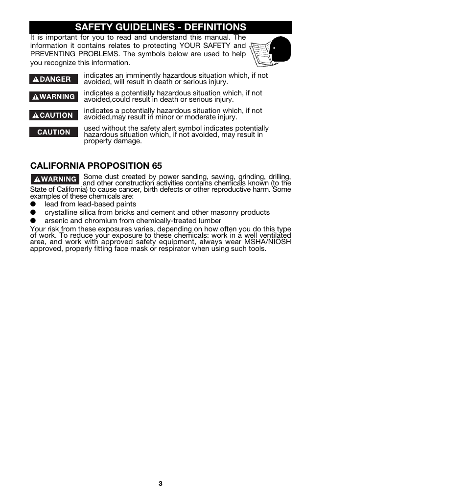 Safety guidelines - definitions, California proposition 65 | Porter-Cable 362 User Manual | Page 3 / 17
