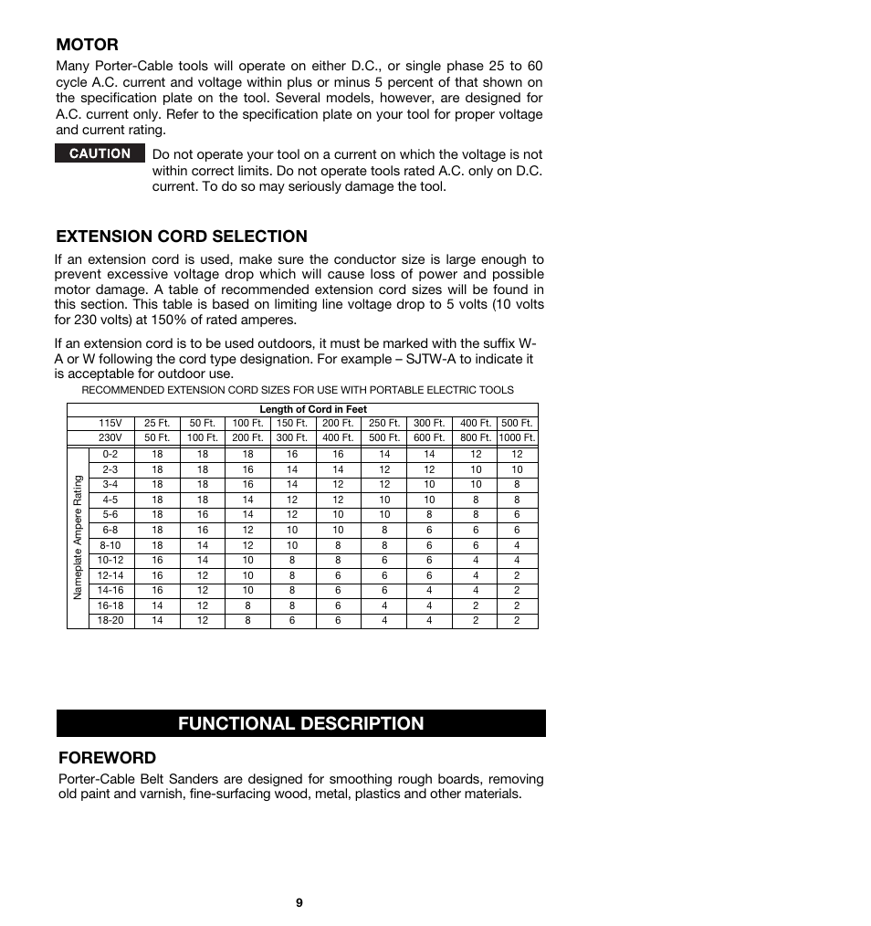 Functional description, Extension cord selection motor, Foreword | Porter-Cable 362 User Manual | Page 9 / 17