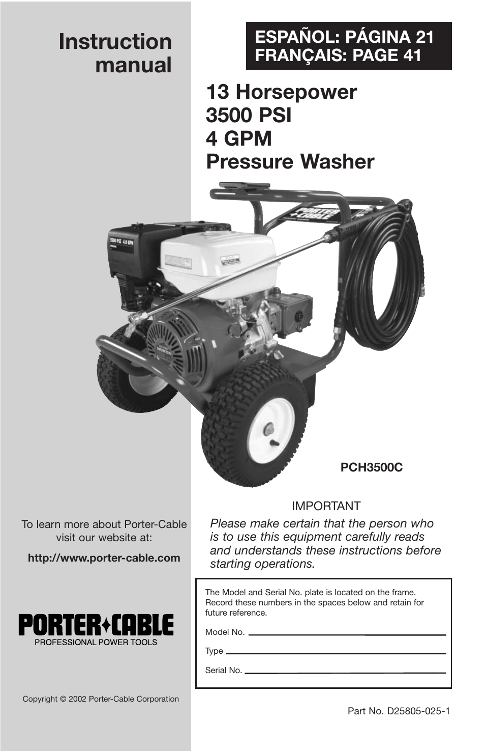 Porter-Cable D25805-025-1 User Manual | 20 pages