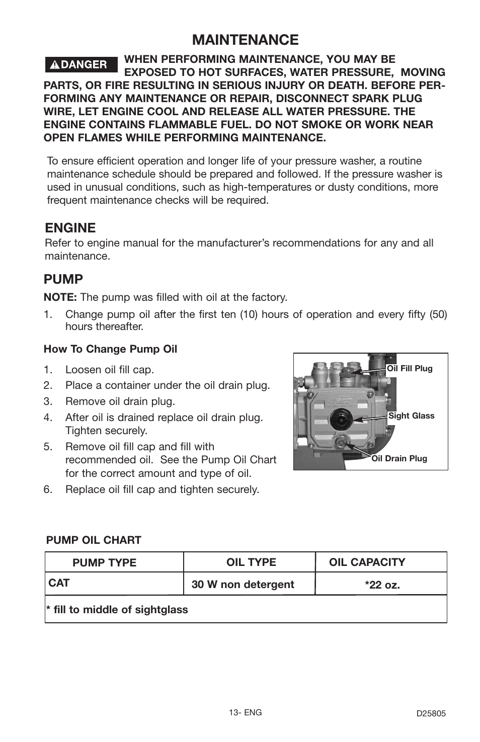 Maintenance, Pump, Engine | Porter-Cable D25805-025-1 User Manual | Page 13 / 20