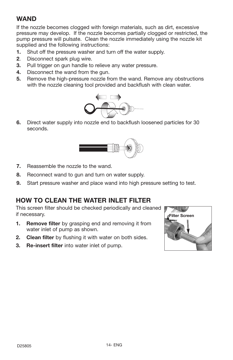How to clean the water inlet filter, Wand | Porter-Cable D25805-025-1 User Manual | Page 14 / 20