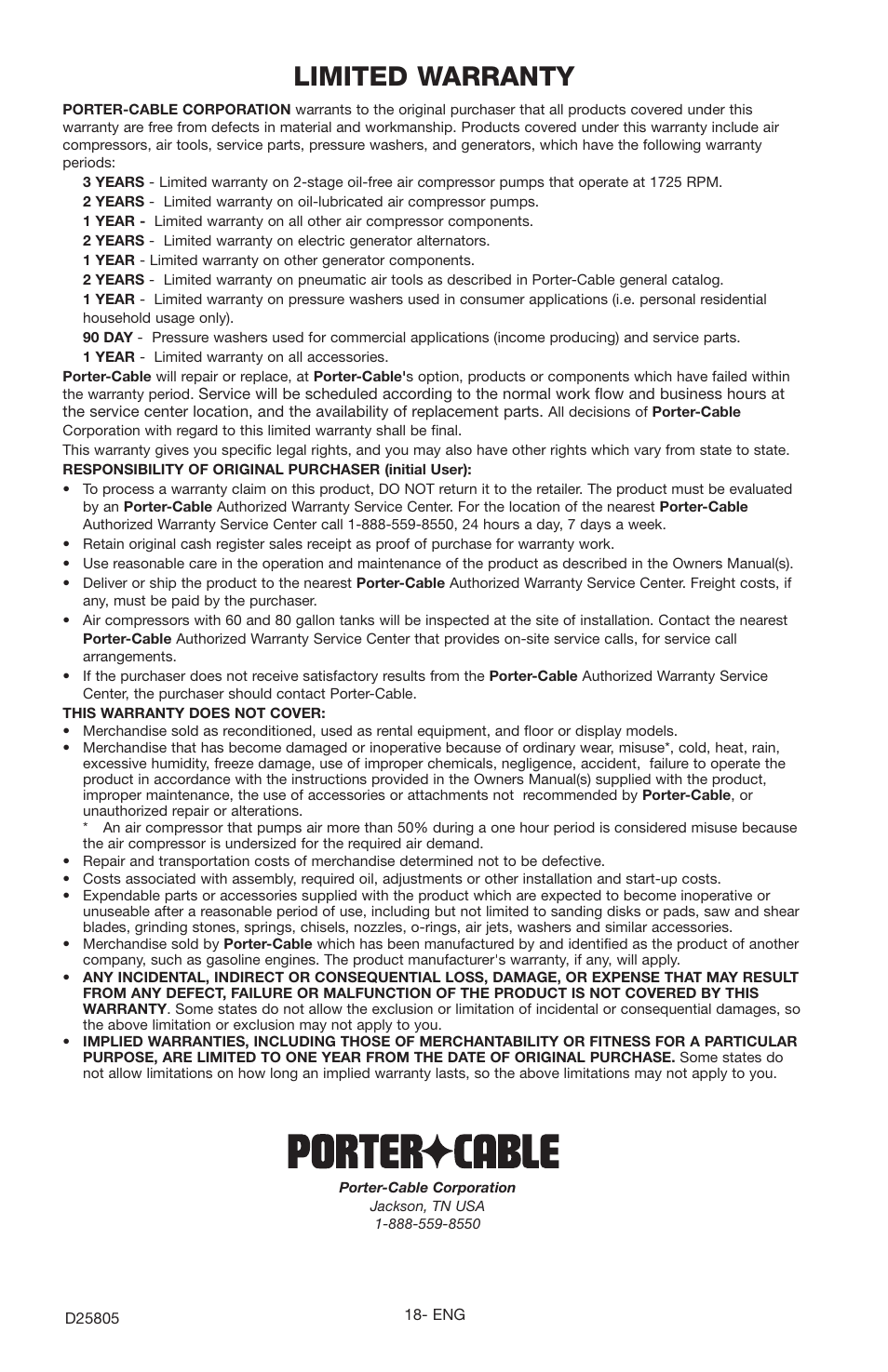 Limited warranty | Porter-Cable D25805-025-1 User Manual | Page 18 / 20