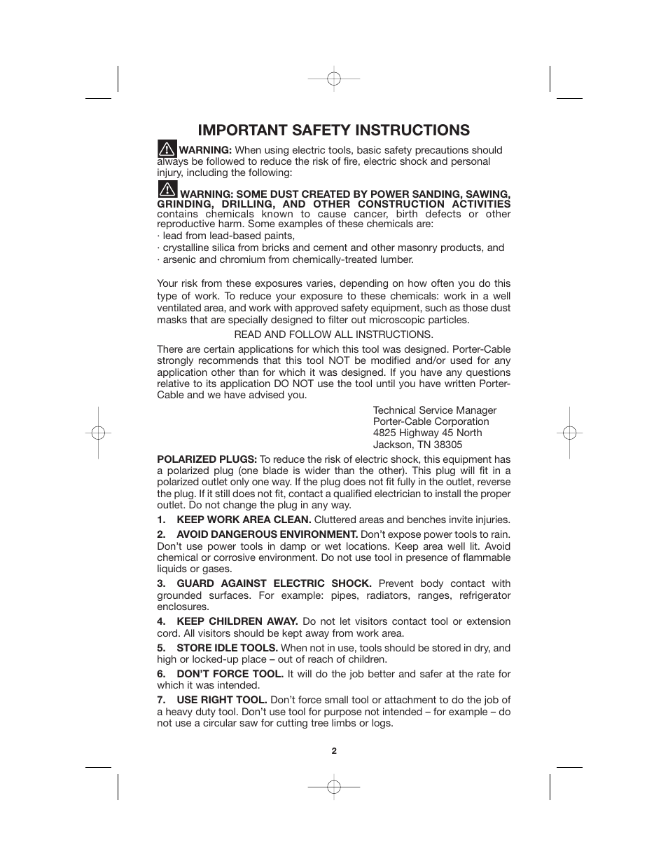 Important safety instructions | Porter-Cable 892459-0011 User Manual | Page 2 / 13