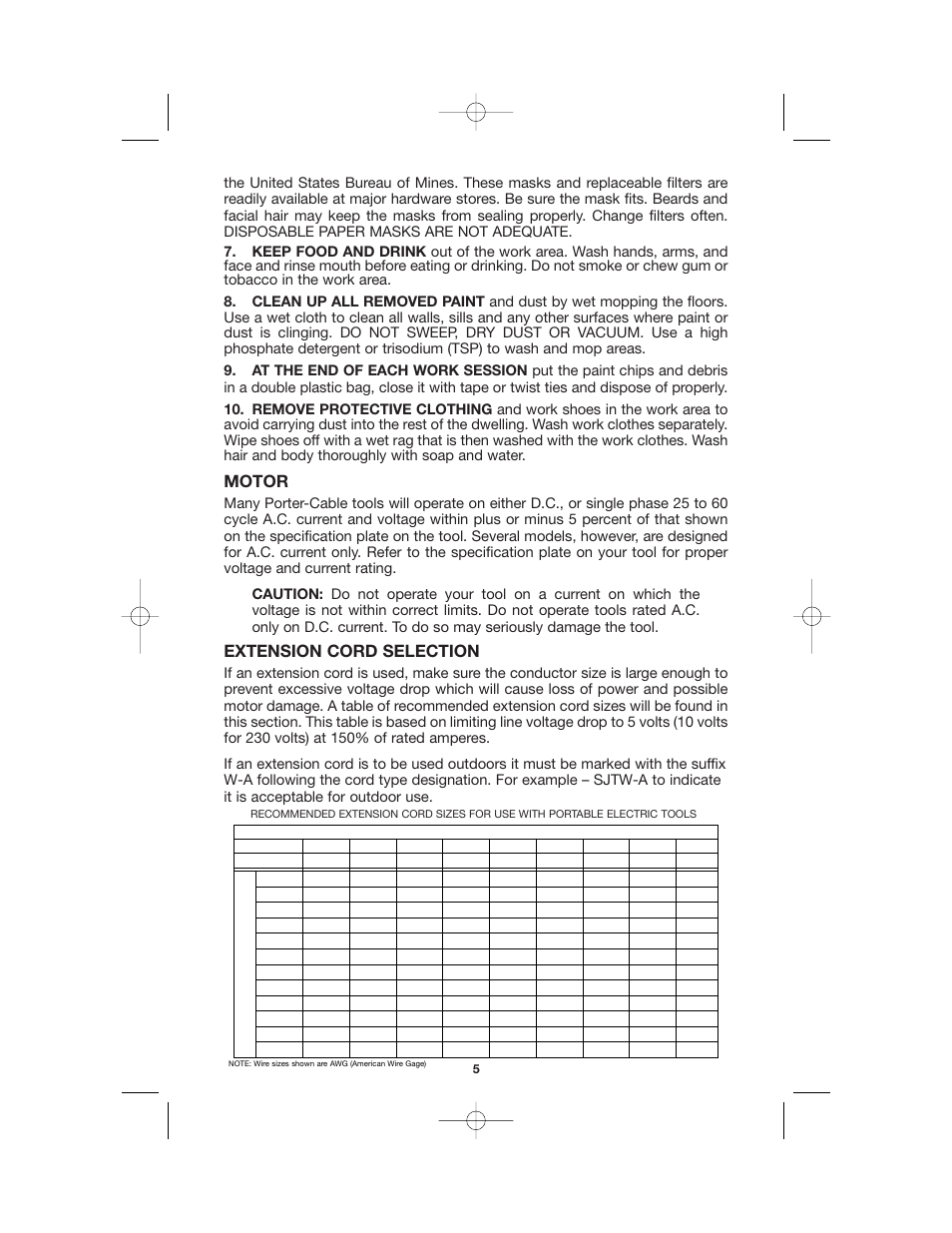 Motor, Extension cord selection | Porter-Cable 892459-0011 User Manual | Page 5 / 13