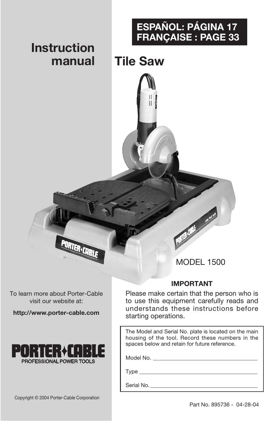 Porter-Cable 895736 User Manual | 17 pages