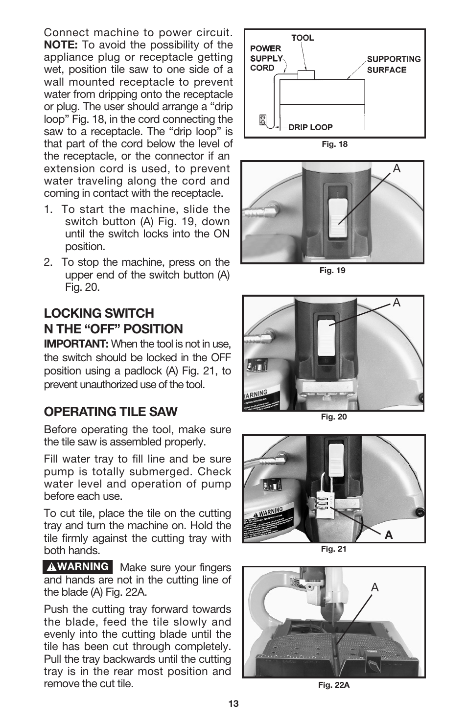 Locking switch n the “off” position, Operating tile saw | Porter-Cable 895736 User Manual | Page 13 / 17