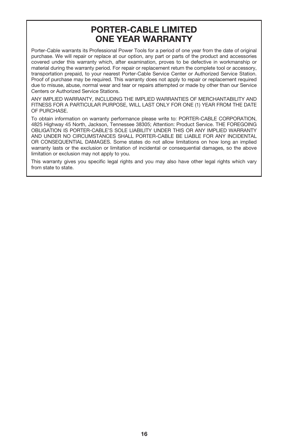 Porter-cable limited one year warranty | Porter-Cable 895736 User Manual | Page 16 / 17