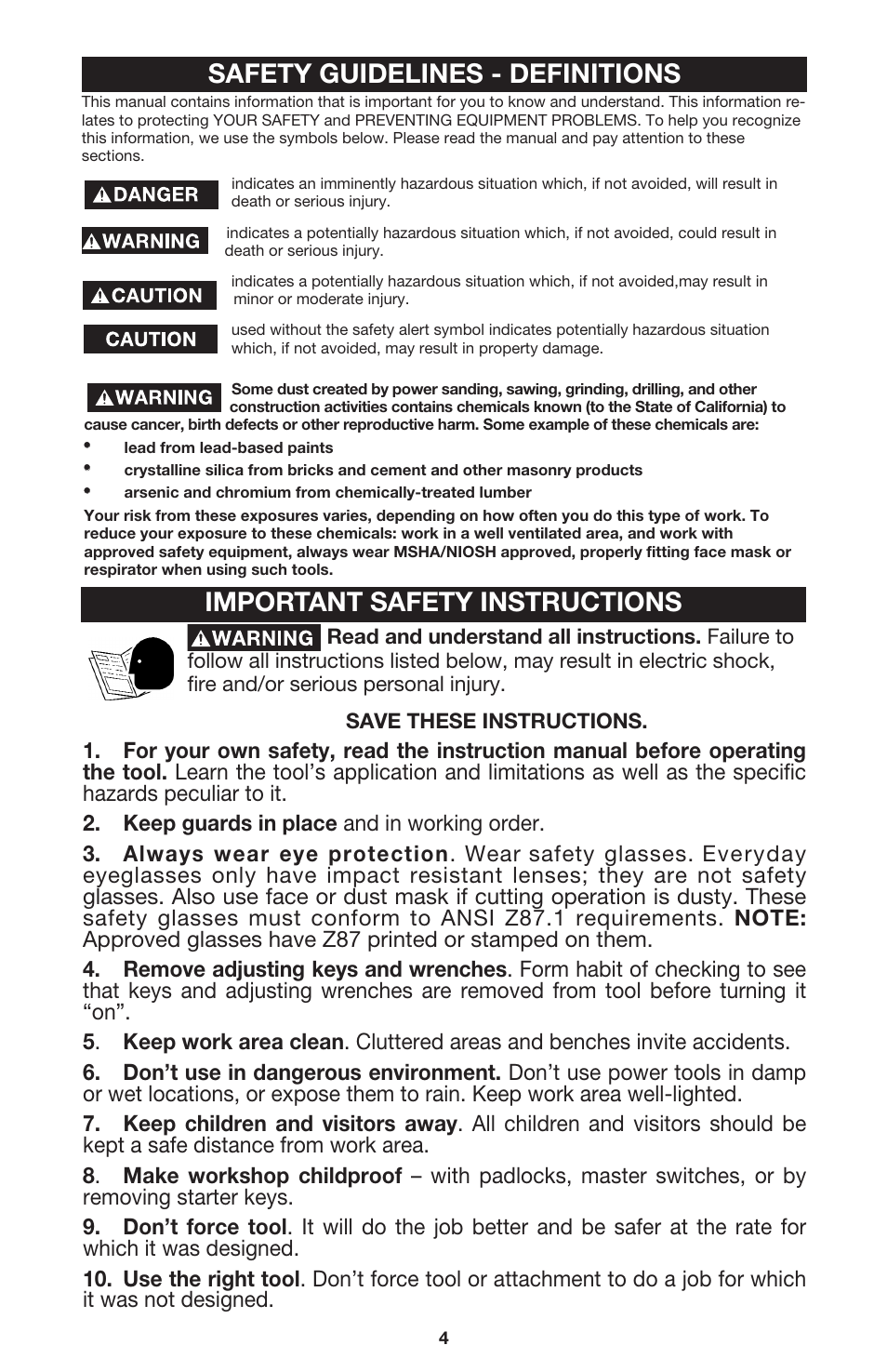Safety guidelines - definitions, Important safety instructions | Porter-Cable 895736 User Manual | Page 4 / 17