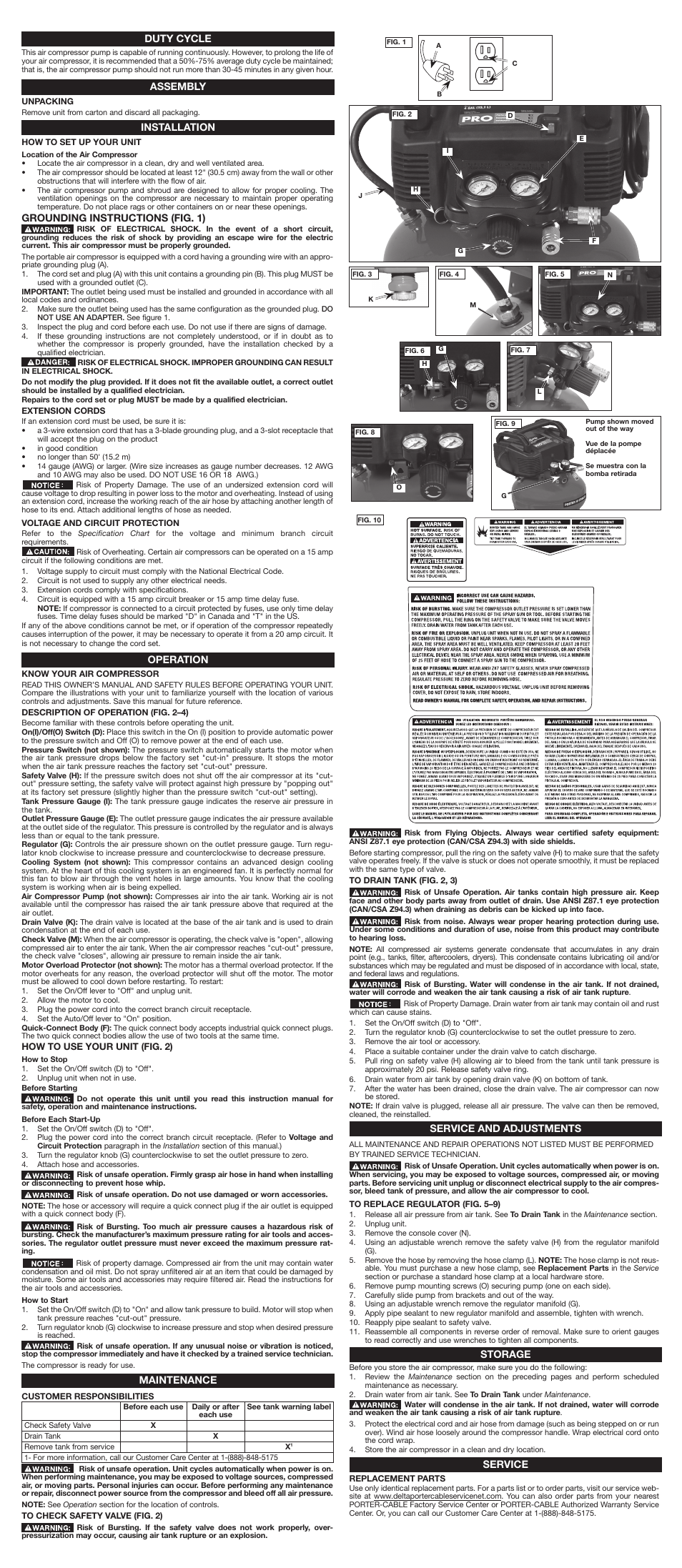 Duty cycle, Assembly, Installation | Grounding instructions (fig. 1), Operation, Maintenance, Service and adjustments, Storage, Service | Porter-Cable N087062 User Manual | Page 2 / 7