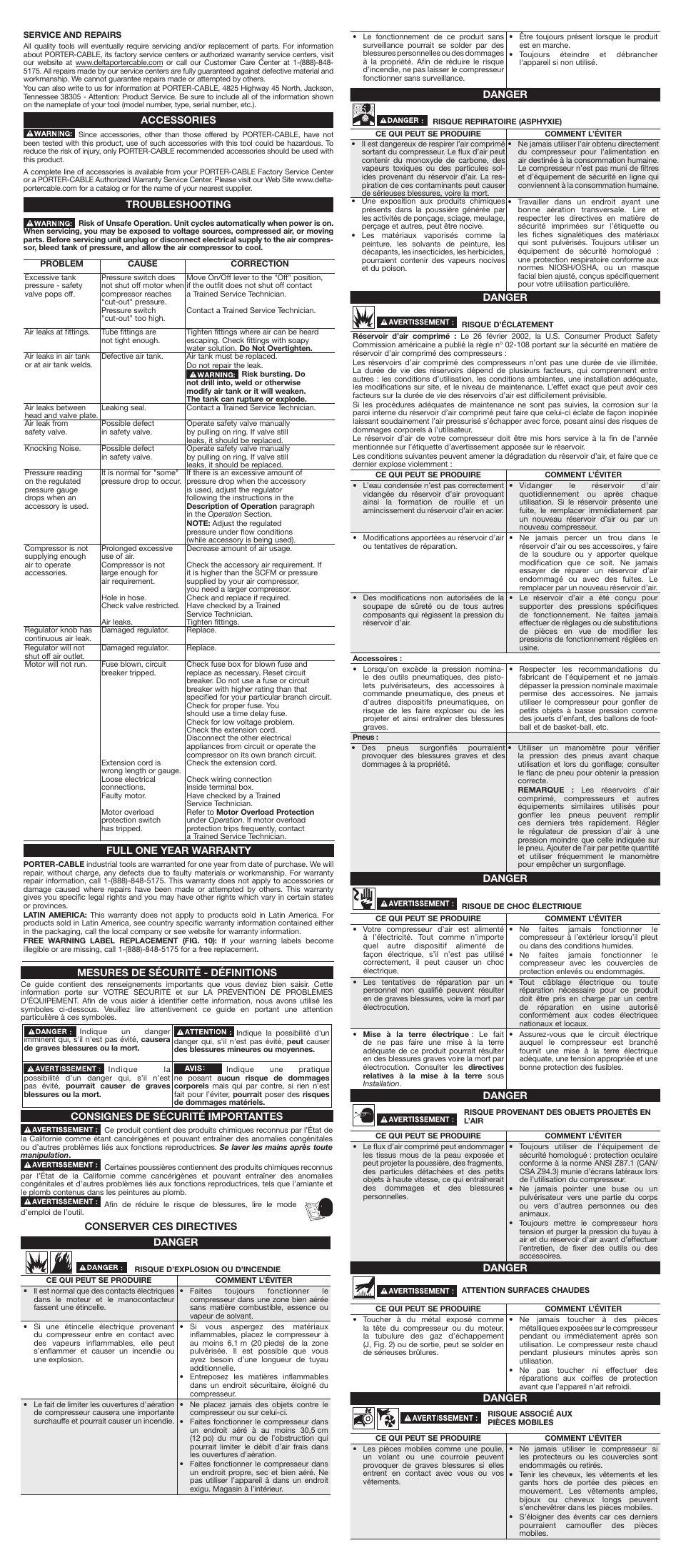 Accessories, Troubleshooting, Full one year warranty | Mesures de sécurité - définitions, Consignes de sécurité importantes, Conserver ces directives danger, Danger | Porter-Cable N087062 User Manual | Page 3 / 7