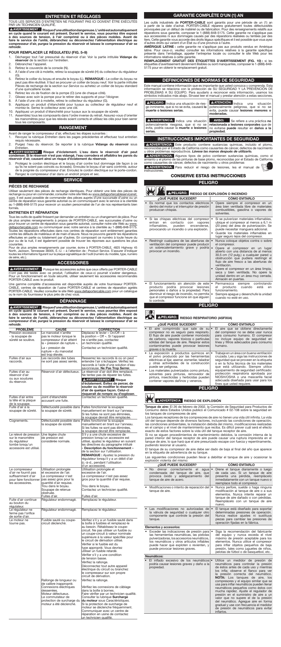 Entretien et réglages, Rangement, Service | Accessoires, Dépannage, Definiciones de normas de seguridad, Instrucciones importantes de seguridad, Conserve estas instrucciones peligro, Peligro, Garantie complète d’un (1) an | Porter-Cable N087062 User Manual | Page 5 / 7