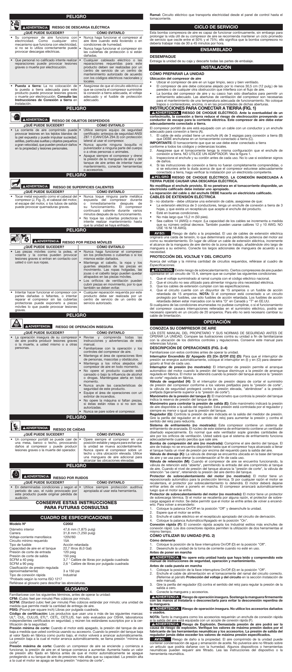 Peligro, Cuadro de especificaciones, Glosario | Ciclo de servicio, Ensamblado, Instalación, Instrucciones para conectar a tierra (fig. 1), Operación | Porter-Cable N087062 User Manual | Page 6 / 7