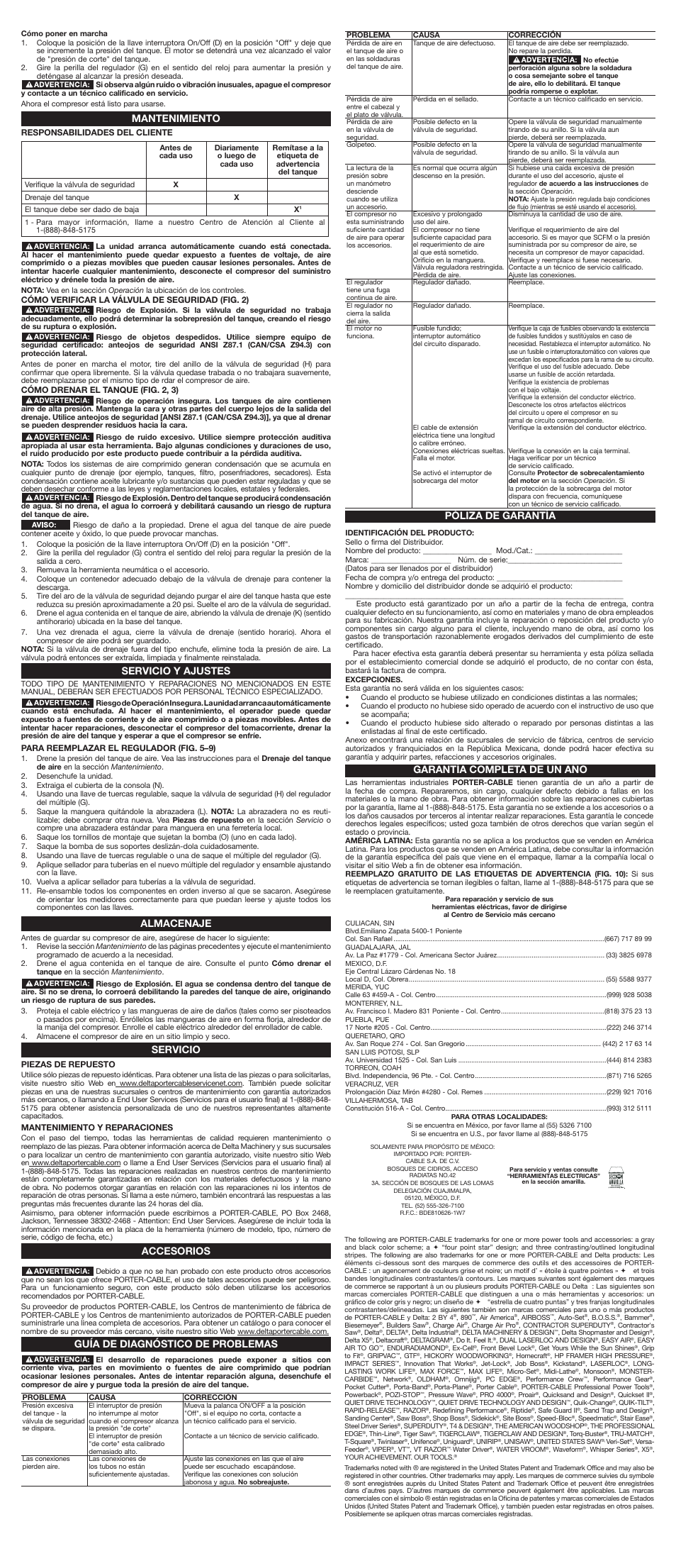 Póliza de garantía, Garantía completa de un año, Mantenimiento | Servicio y ajustes, Almacenaje, Servicio, Accesorios, Guía de diagnóstico de problemas | Porter-Cable N087062 User Manual | Page 7 / 7
