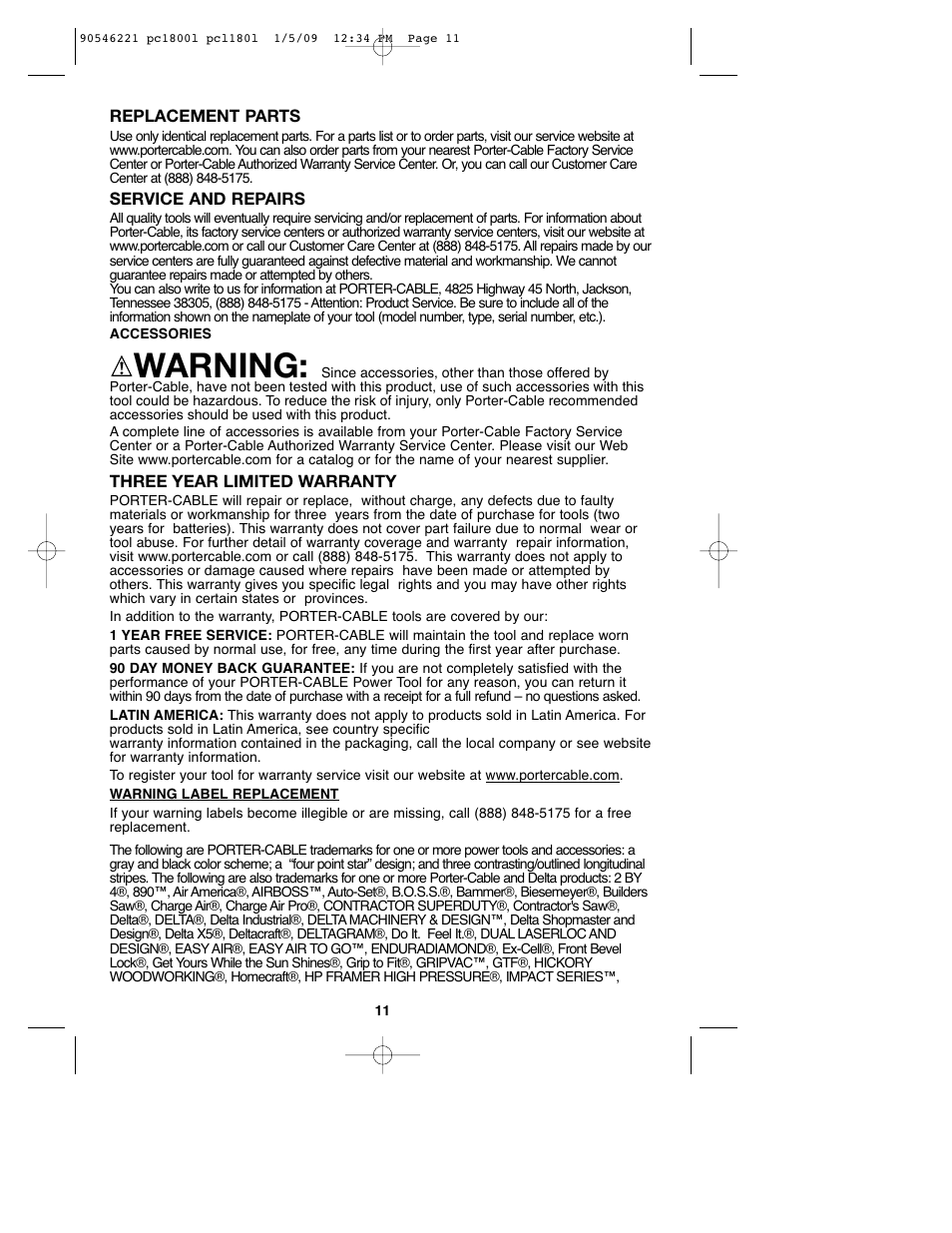 Warning | Porter-Cable PCL180L User Manual | Page 11 / 40