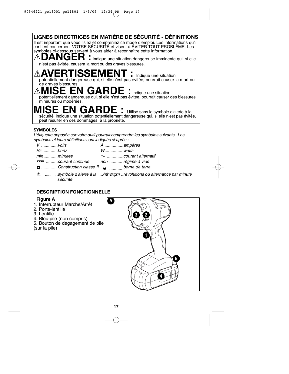 Danger, Avertissement, Mise en garde | Porter-Cable PCL180L User Manual | Page 17 / 40