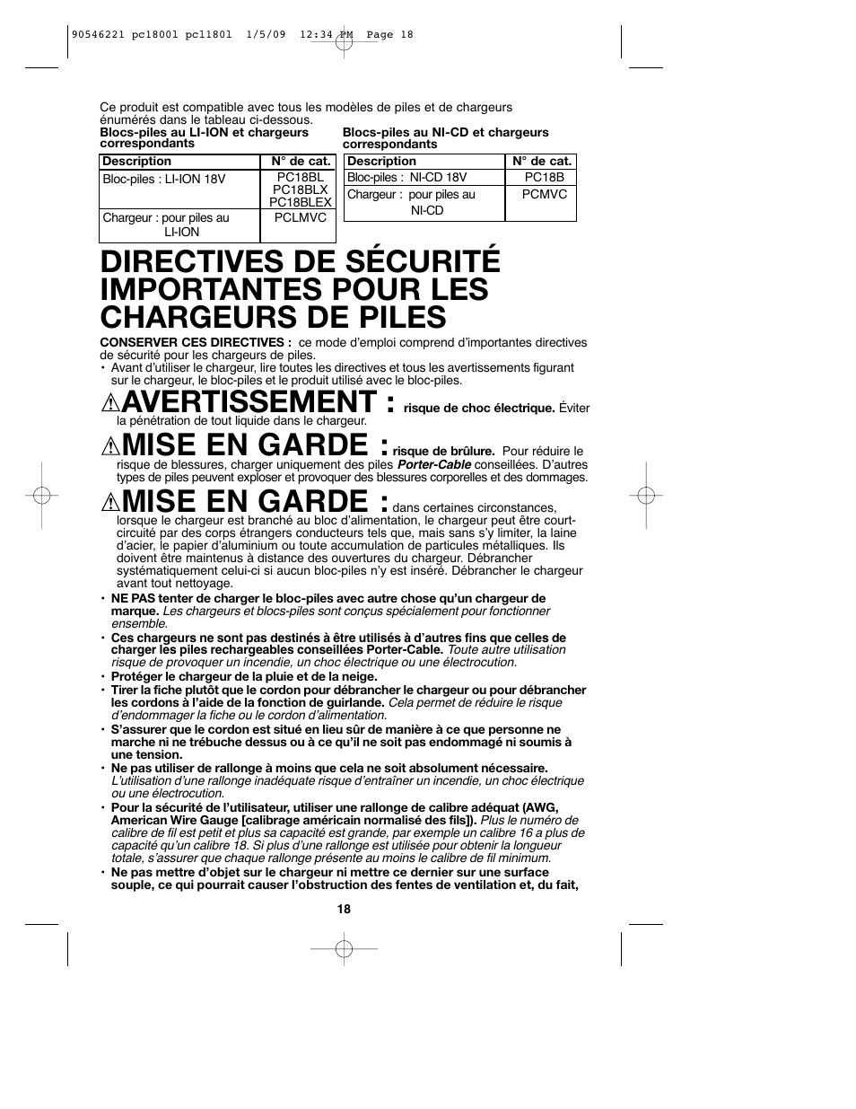 Avertissement, Mise en garde | Porter-Cable PCL180L User Manual | Page 18 / 40