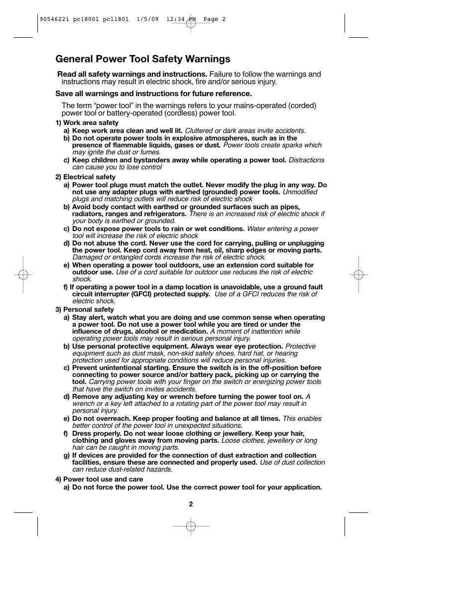 General power tool safety warnings | Porter-Cable PCL180L User Manual | Page 2 / 40