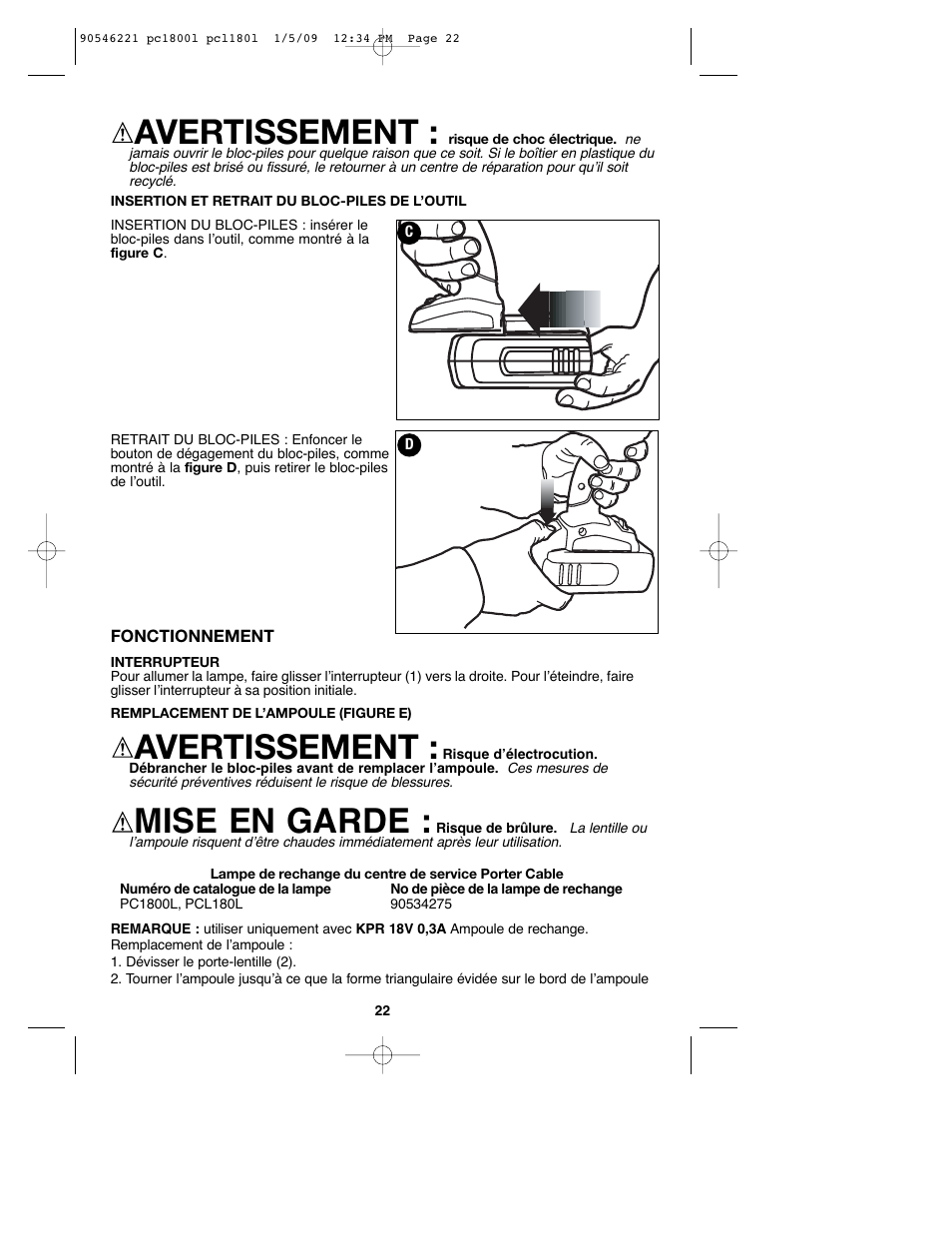 Avertissement, Mise en garde | Porter-Cable PCL180L User Manual | Page 22 / 40