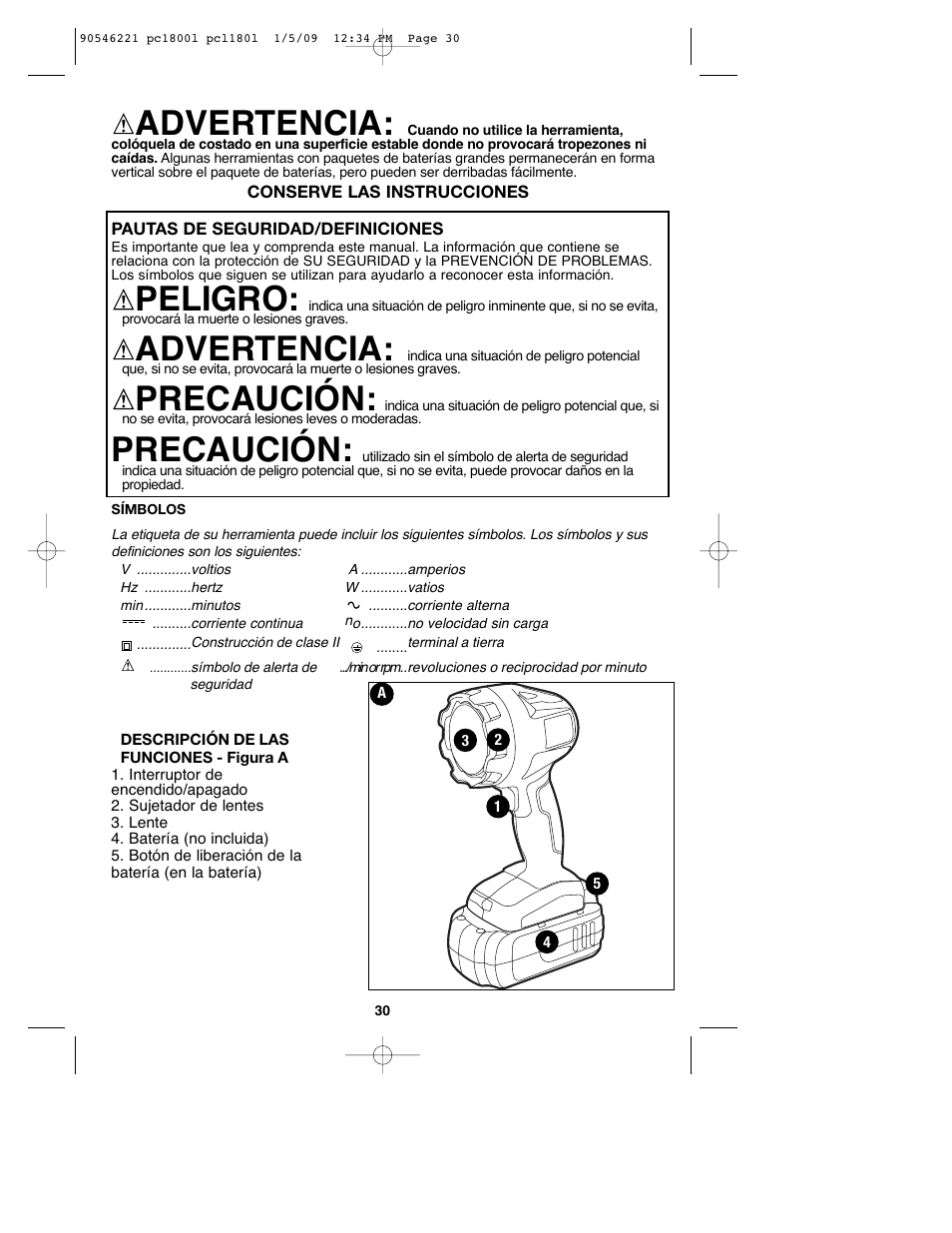 Advertencia, Peligro, Precaución | Porter-Cable PCL180L User Manual | Page 30 / 40