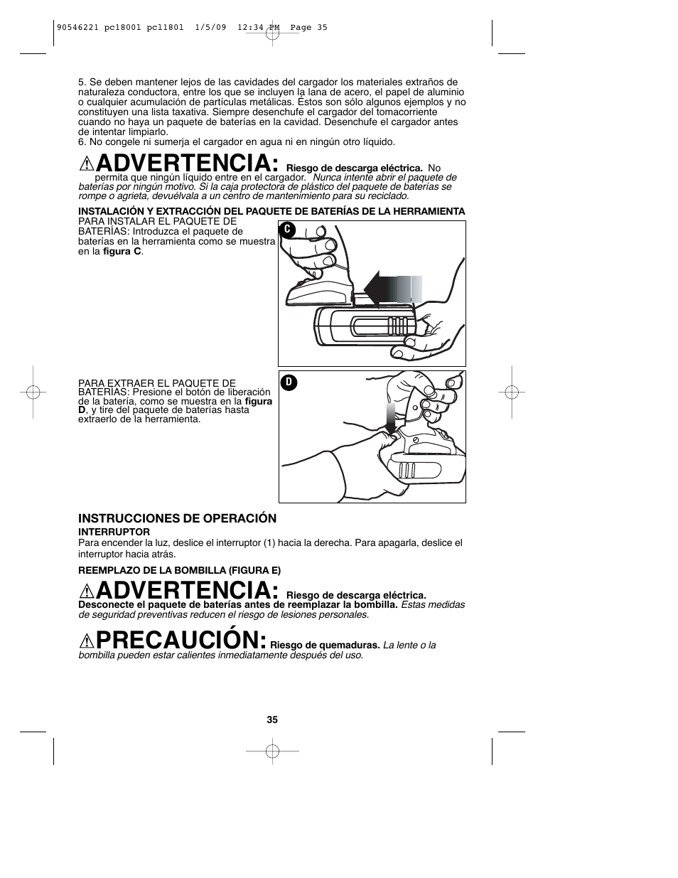 Advertencia, Precaución | Porter-Cable PCL180L User Manual | Page 35 / 40