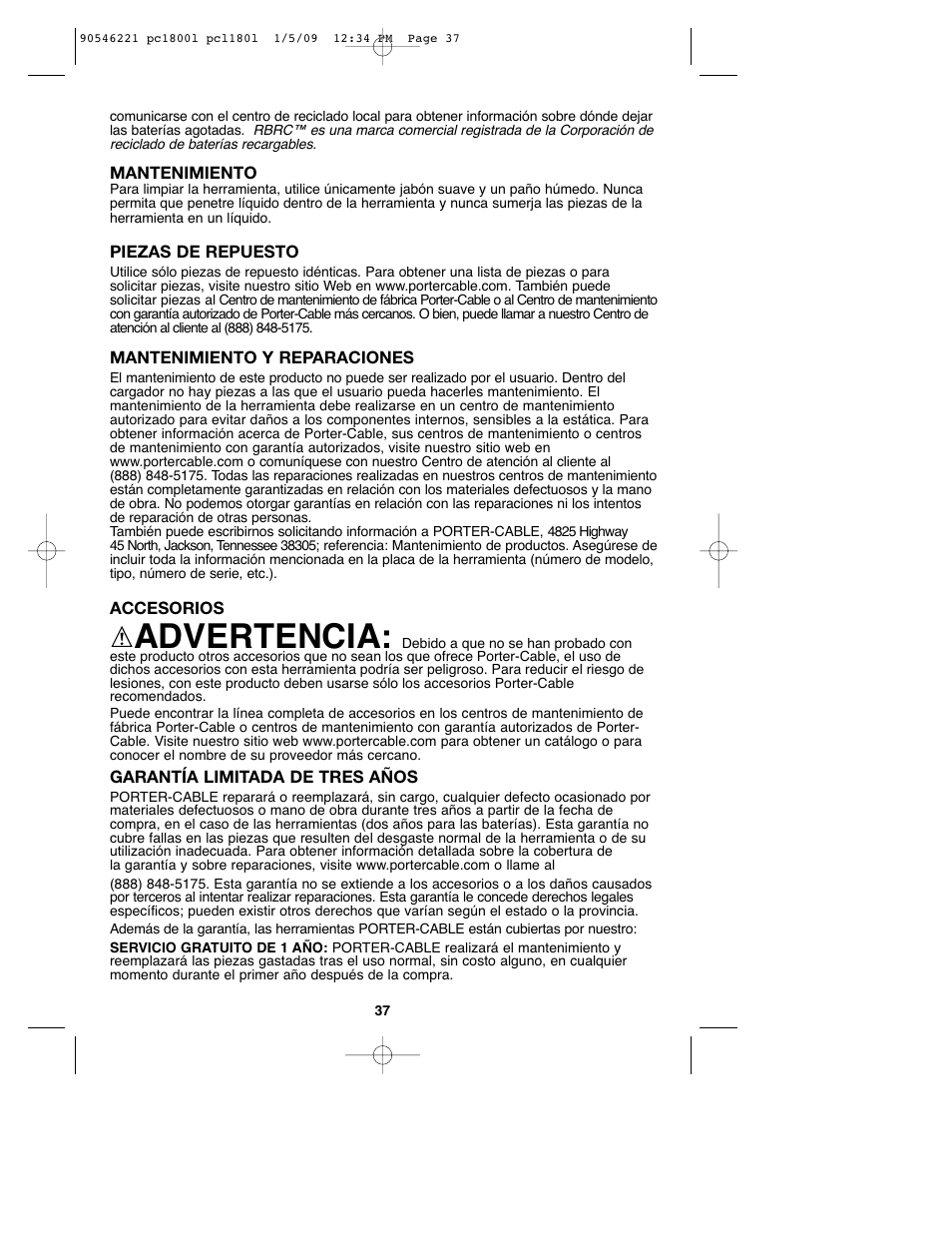 Advertencia | Porter-Cable PCL180L User Manual | Page 37 / 40