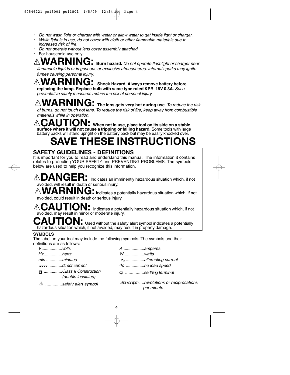 Warning, Caution, Save these instructions | Danger | Porter-Cable PCL180L User Manual | Page 4 / 40
