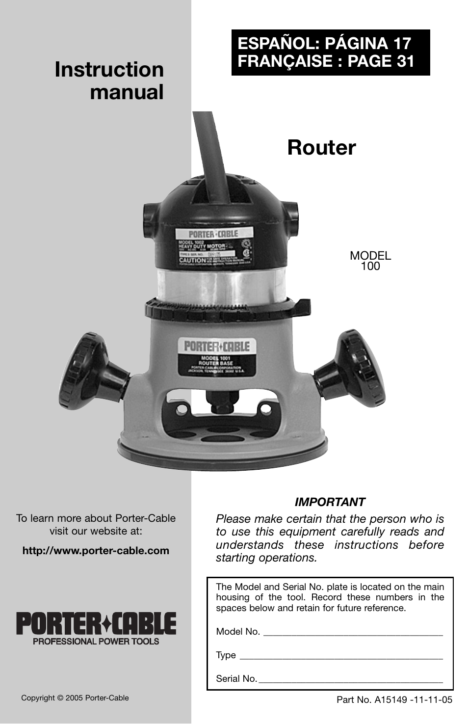 Porter-Cable 100 User Manual | 44 pages