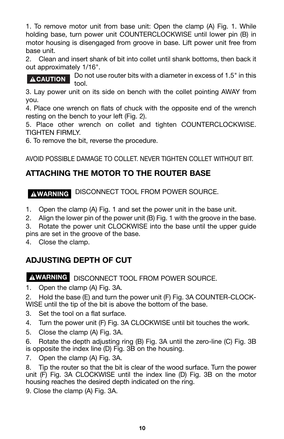 Attaching the motor to the router base, Adjusting depth of cut | Porter-Cable 100 User Manual | Page 10 / 44