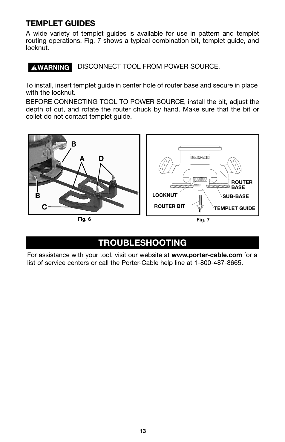 Troubleshooting, Templet guides | Porter-Cable 100 User Manual | Page 13 / 44