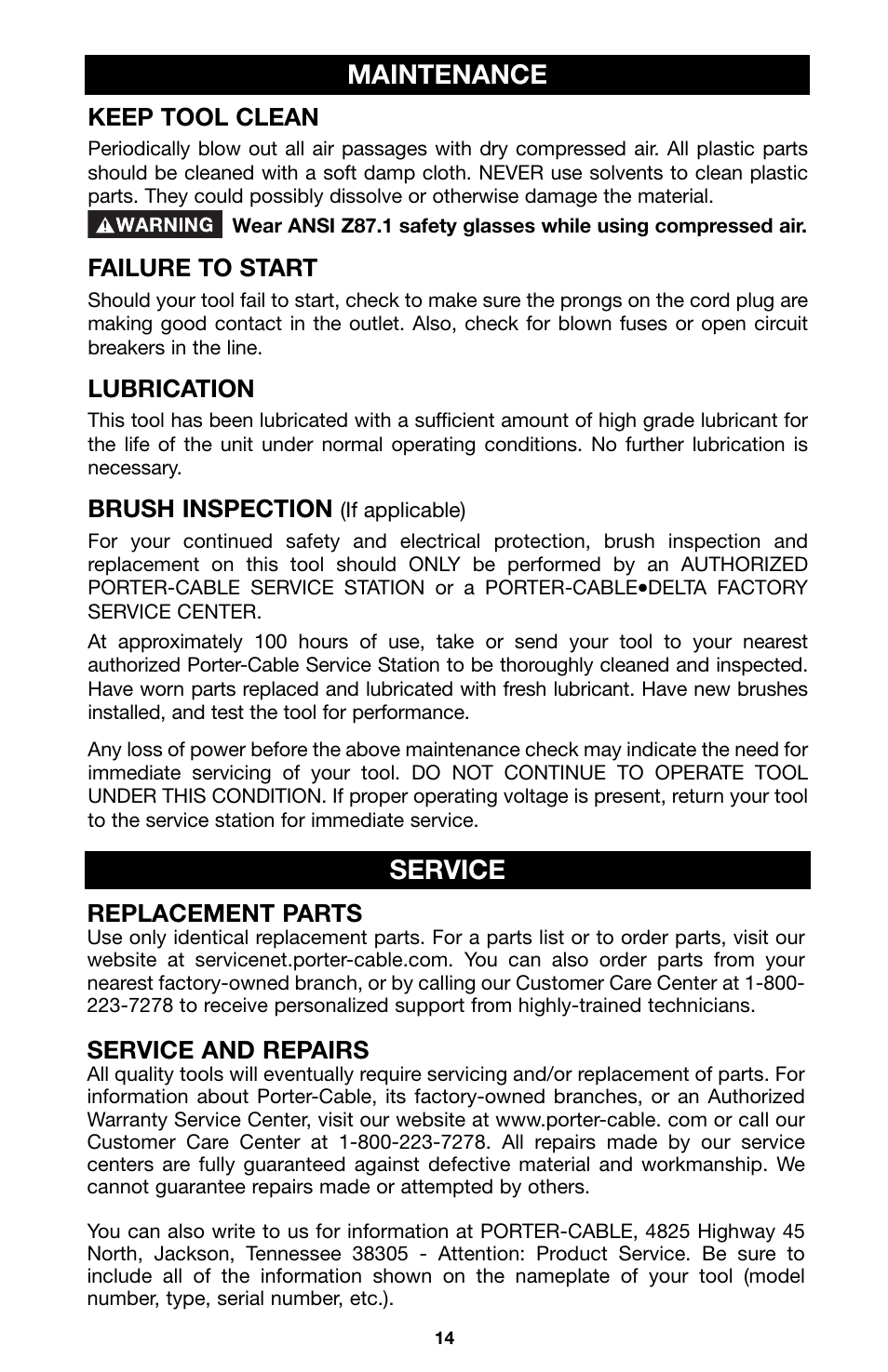 Maintenance, Service | Porter-Cable 100 User Manual | Page 14 / 44