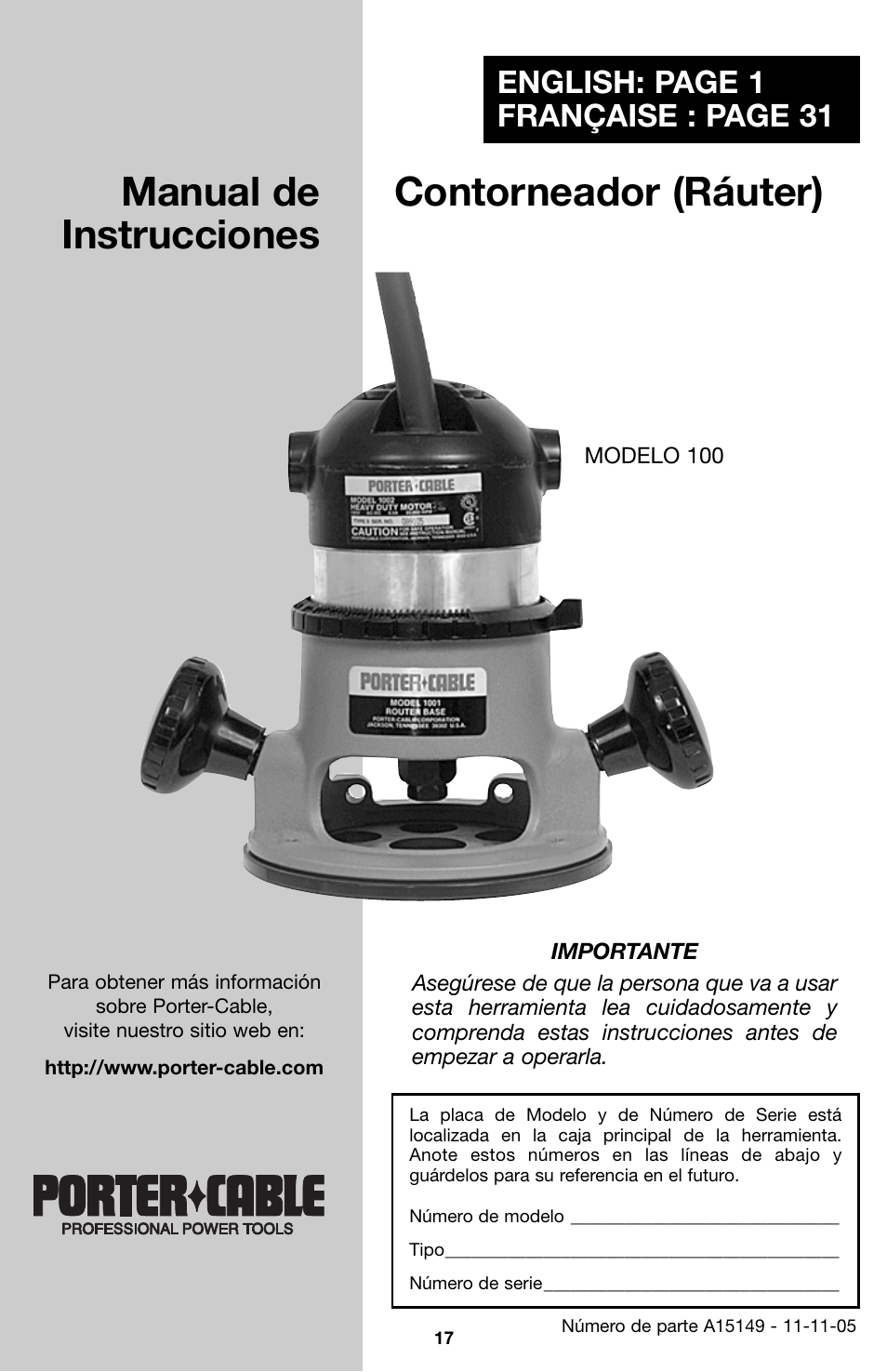 Contorneador (ráuter) manual de instrucciones, English: page 1 française : page 31 | Porter-Cable 100 User Manual | Page 17 / 44