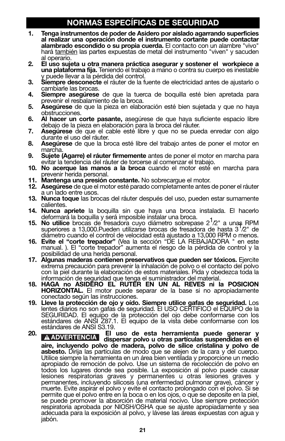 Normas específicas de seguridad | Porter-Cable 100 User Manual | Page 21 / 44