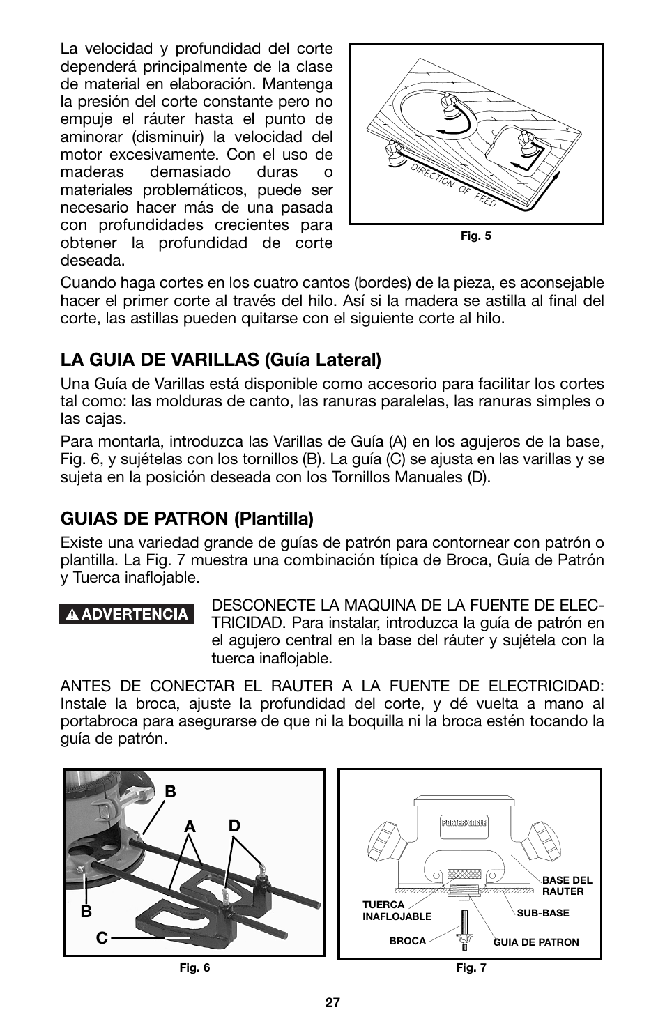 La guia de varillas (guía lateral), Guias de patron (plantilla), Bc d a | Porter-Cable 100 User Manual | Page 27 / 44