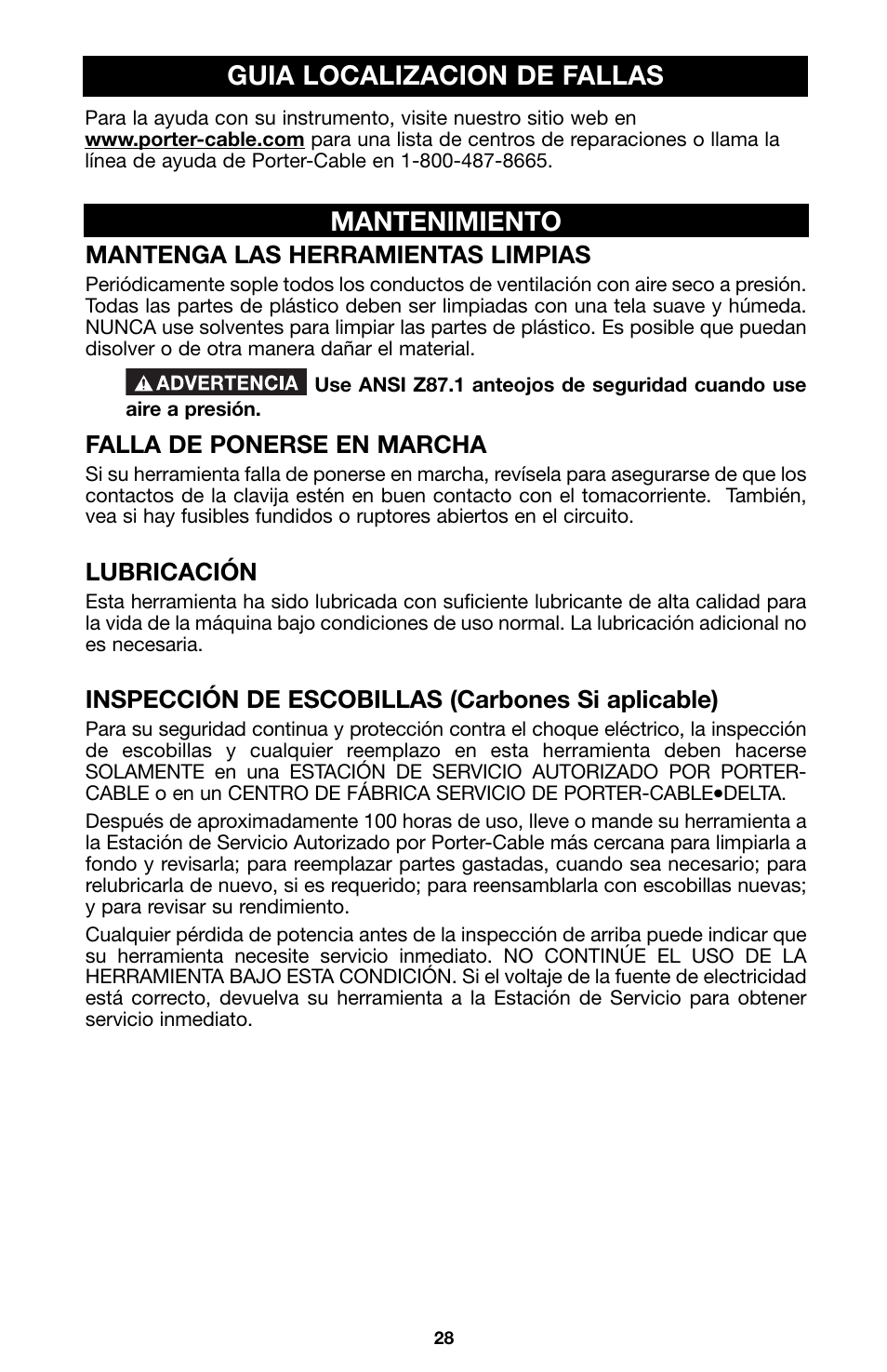 Mantenimiento guia localizacion de fallas | Porter-Cable 100 User Manual | Page 28 / 44