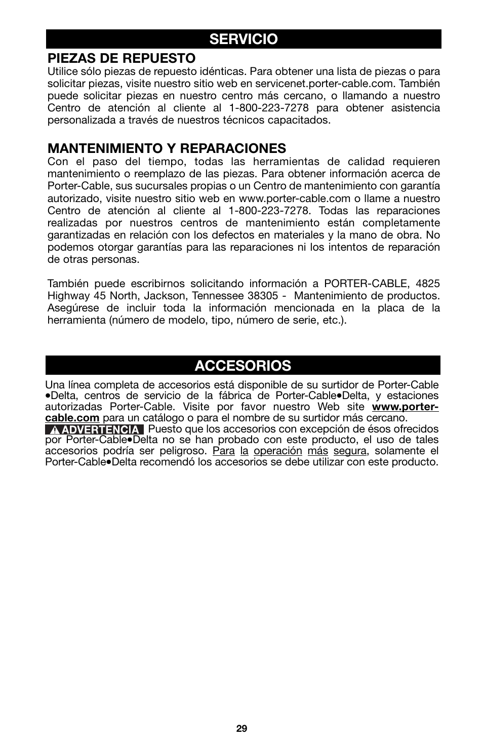 Accesorios, Servicio | Porter-Cable 100 User Manual | Page 29 / 44