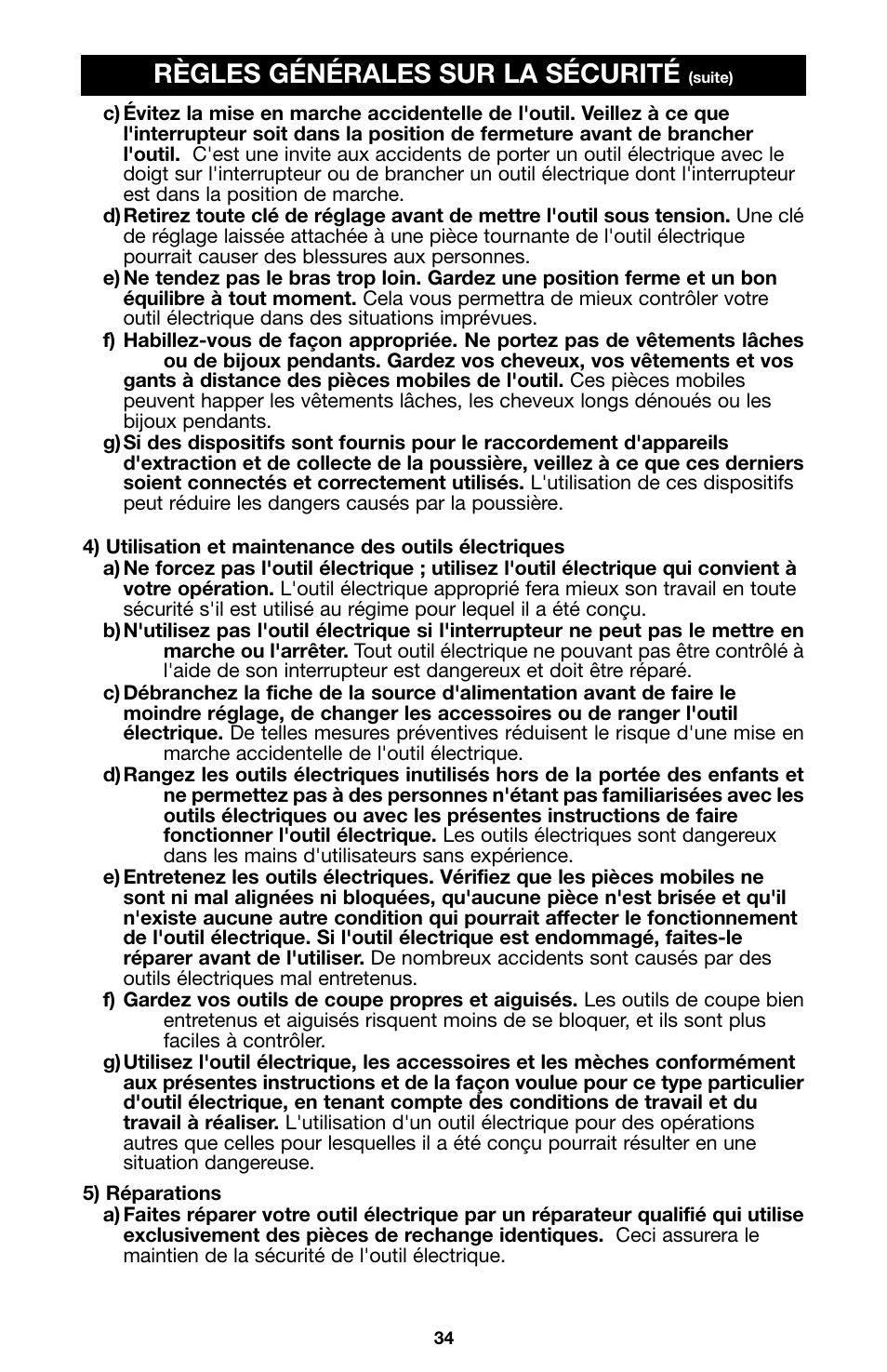 Règles générales sur la sécurité | Porter-Cable 100 User Manual | Page 34 / 44