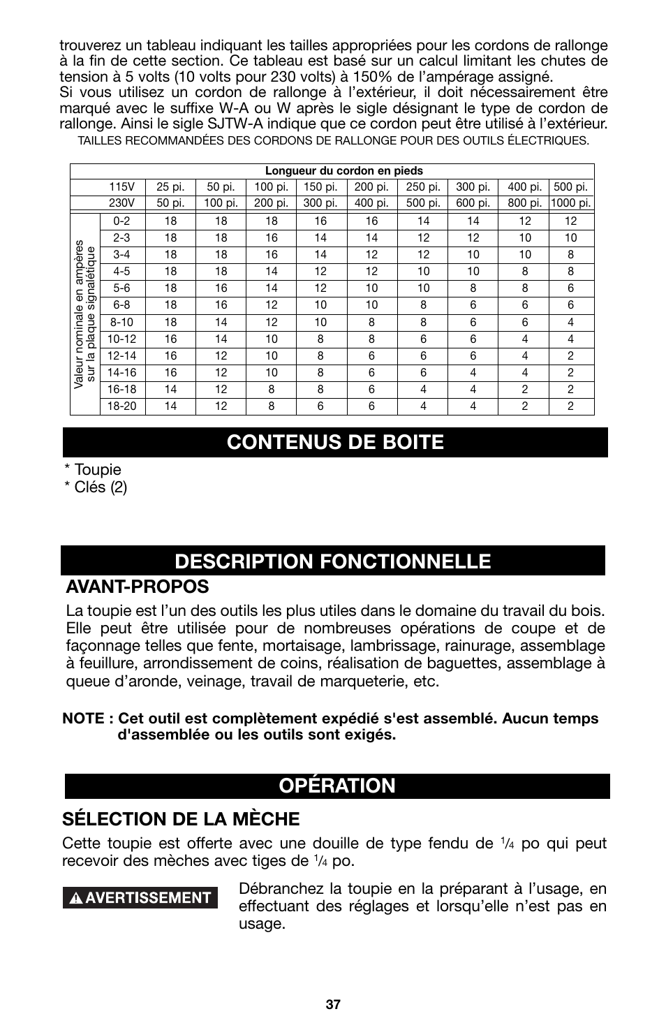 Description fonctionnelle, Contenus de boite, Opération | Sélection de la mèche, Avant-propos, Po qui peut recevoir des mèches avec tiges de, Toupie * clés (2) | Porter-Cable 100 User Manual | Page 37 / 44