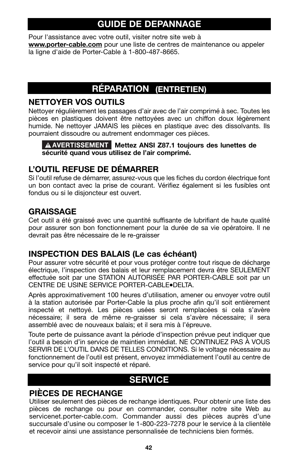 Réparation, Guide de depannage service | Porter-Cable 100 User Manual | Page 42 / 44