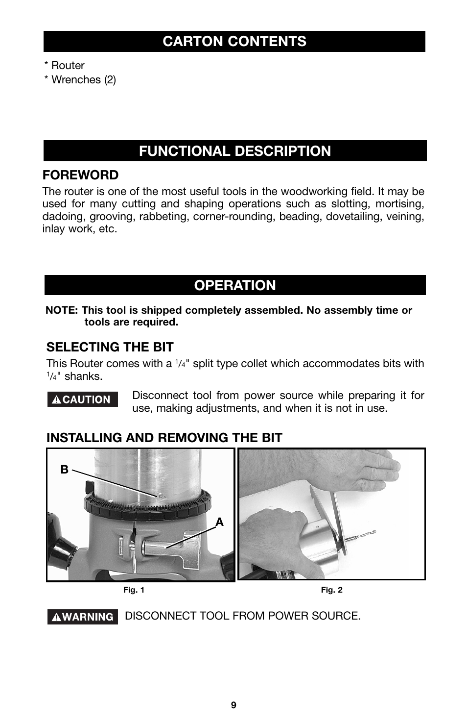 Functional description, Carton contents, Operation | Foreword, Selecting the bit, Installing and removing the bit | Porter-Cable 100 User Manual | Page 9 / 44