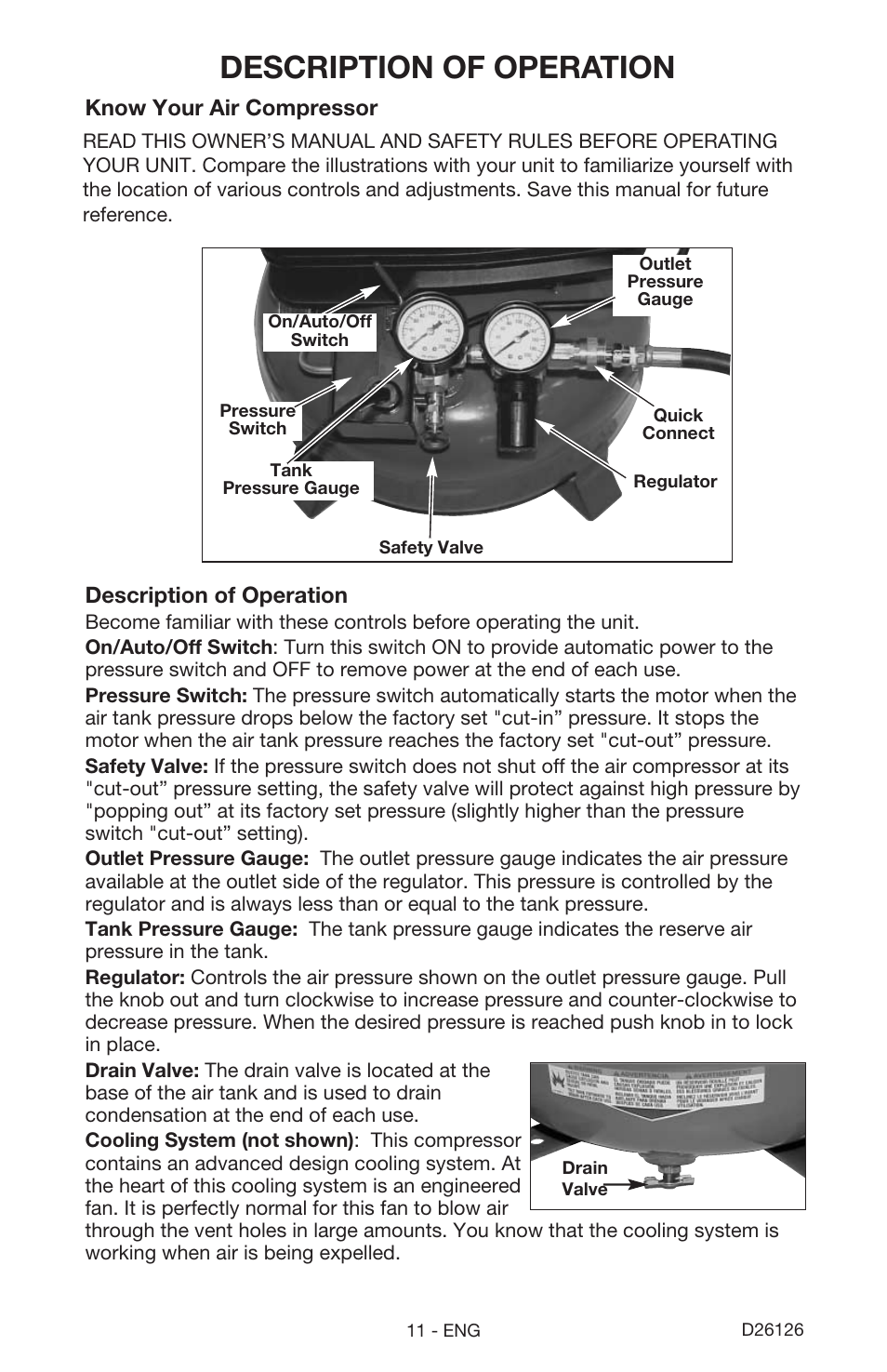 Description of operation, Know your air compressor | Porter-Cable D26126-024-0 User Manual | Page 11 / 18