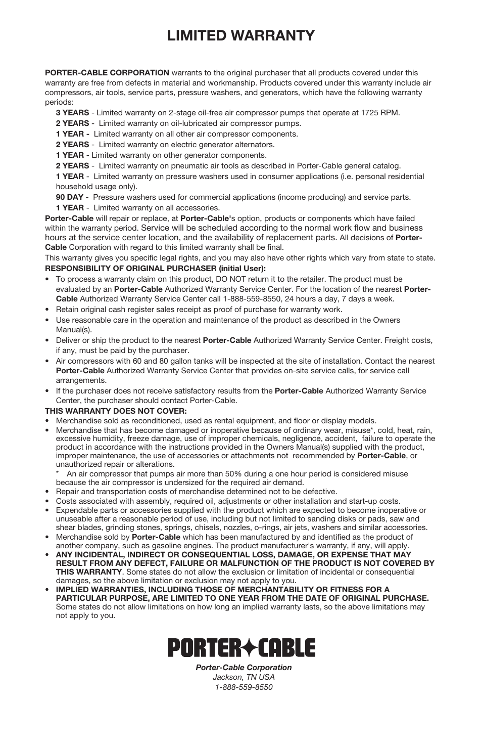 Limited warranty | Porter-Cable D26126-024-0 User Manual | Page 18 / 18